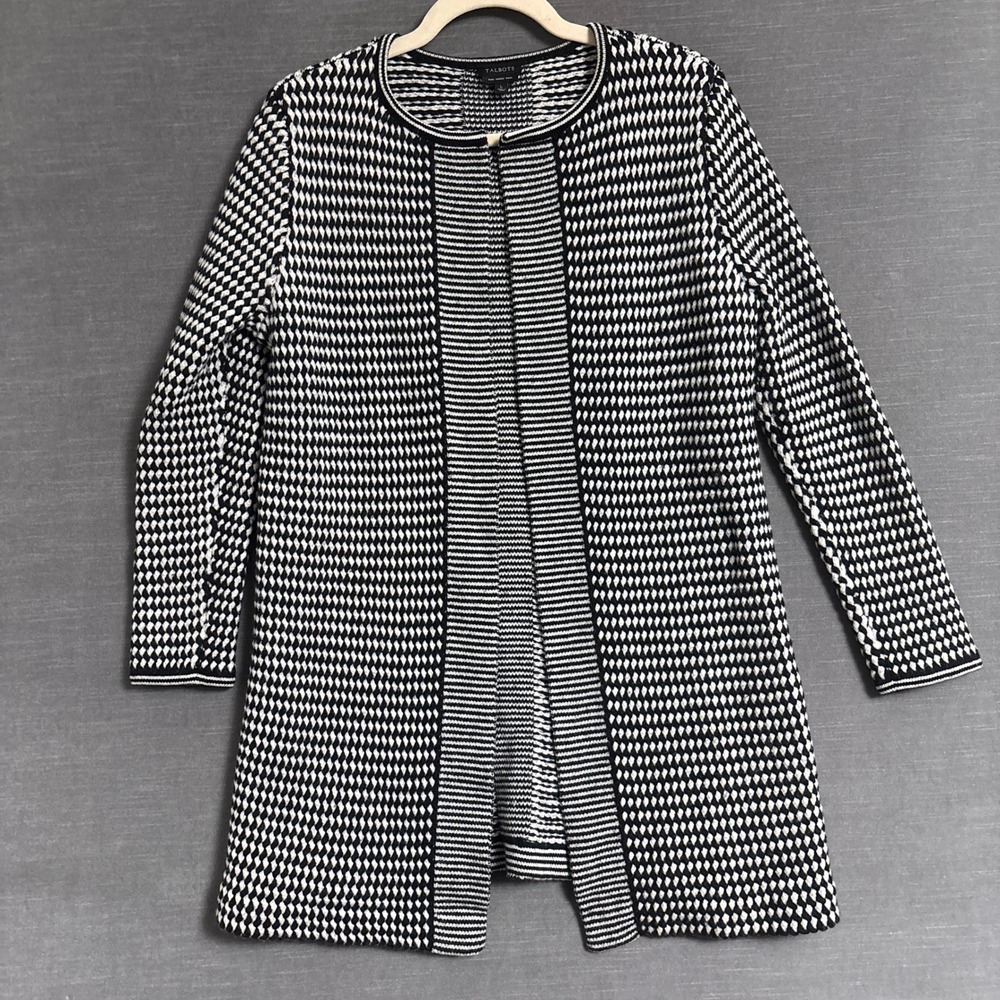 Talbots Cardigan L Black White Merino Wool Stripe Open Long Heavy Knit Sweater